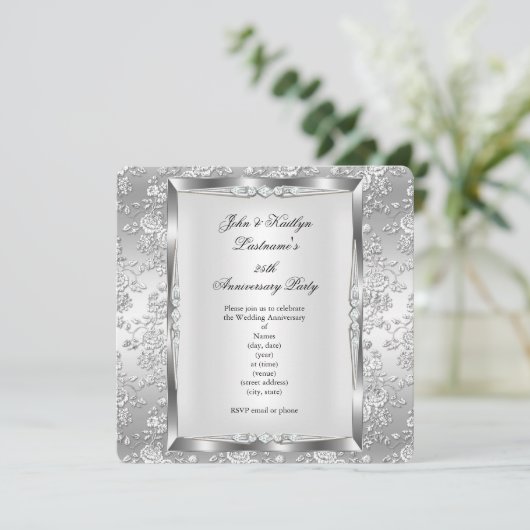 25e verjaardagsfeest Roos Damast Zilver Wit 4 Kaart (Staand voorkant)