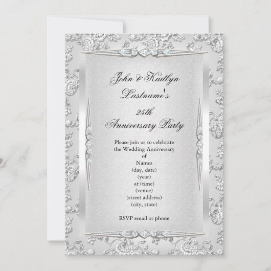 25e verjaardagsfeest Roos Damast Zilver Wit Kaart (Voorkant)