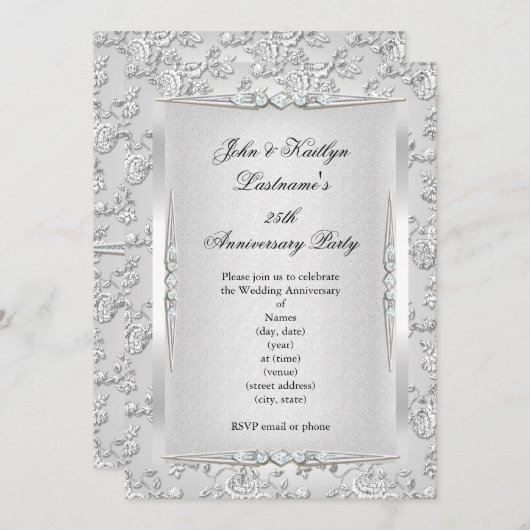 25e verjaardagsfeest Roos Damast Zilver Wit Kaart (Voorkant / Achterkant)