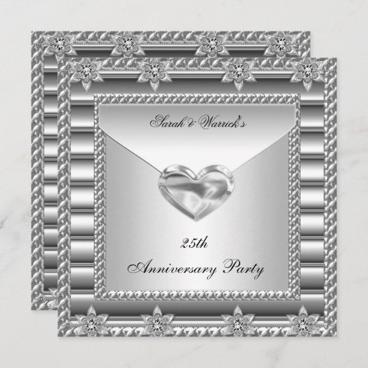 25e verjaardagsfeest zilver wit hart juweel 3 kaart (Voorkant / Achterkant)