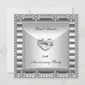 25e verjaardagsfeest zilver wit hart juweel 3 kaart (Voorkant)