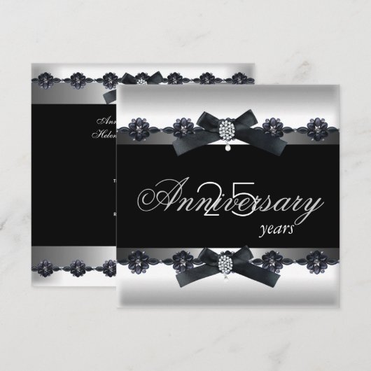 25e verjaardagsfeest Zilver Zwart Wit Diamant Kaart (Voorkant / Achterkant)