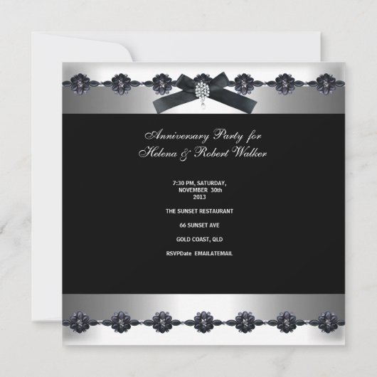 25e verjaardagsfeest Zilver Zwart Wit Diamant Kaart (Achterkant)