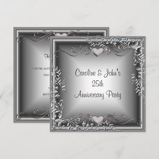 25e verjaardagsfeest Zwart Zilver Bloemhartjes Kaart (Voorkant / Achterkant)