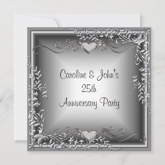 25e verjaardagsfeest Zwart Zilver Bloemhartjes Kaart (Voorkant)