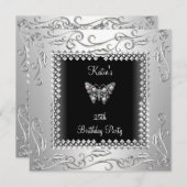 25e Verjaardagsfeest Zwarte Vlinder Zilver Zwart Kaart (Voorkant / Achterkant)