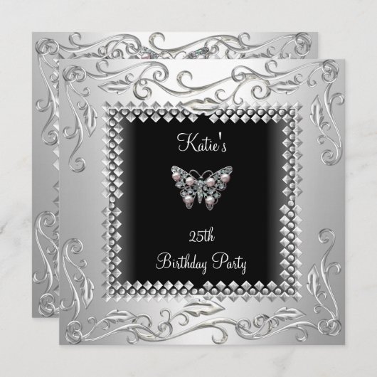 25e Verjaardagsfeest Zwarte Vlinder Zilver Zwart Kaart (Voorkant / Achterkant)