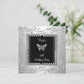 25e Verjaardagsfeest Zwarte Vlinder Zilver Zwart Kaart (Staand voorkant)