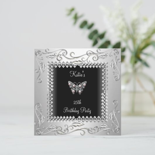 25e Verjaardagsfeest Zwarte Vlinder Zilver Zwart Kaart (Staand voorkant)