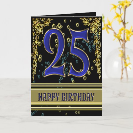 25e verjaardagskaart met goud en bubbels kaart (Gele Bloem)