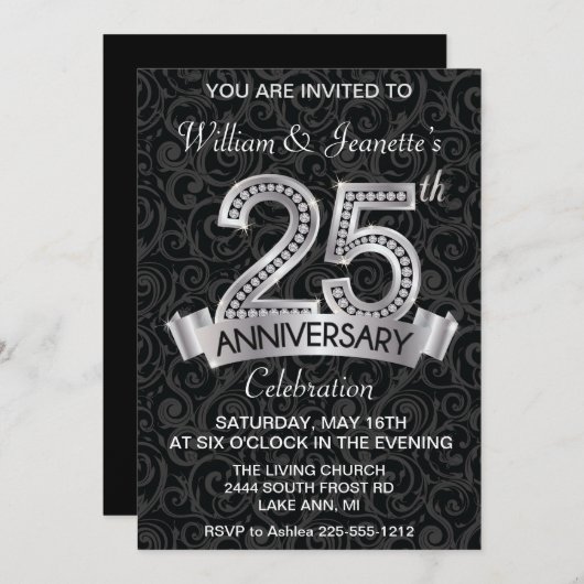 25e verjaardagsuitnodiging Zilveren Diamant Kaart (Voorkant / Achterkant)