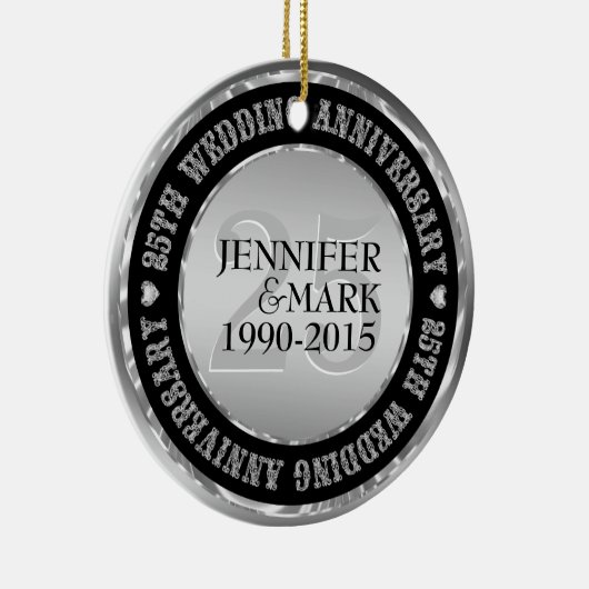 25e weddenschap Jubileum metallisch zilver en zwar Keramisch Ornament (Rechts)