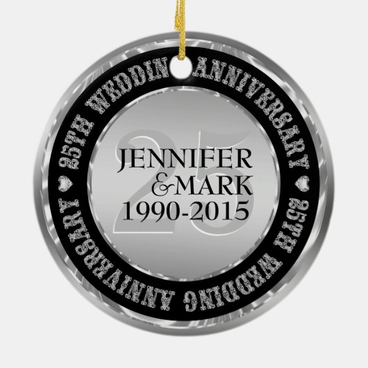 25e weddenschap Jubileum metallisch zilver en zwar Keramisch Ornament (Achterkant)