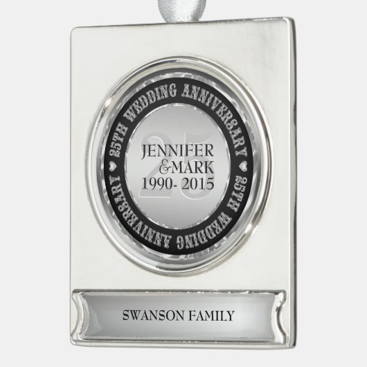 25e weddenschap Jubileum metallisch zilver en zwar Verzilverd Banner Ornament (Links)