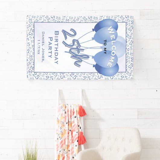 25e welkomstblauw/wit willekeurig nummerpatroon spandoek (Insitu)