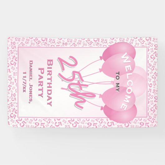 25e welkomstroze & wit willekeurig nummerpatroon 2 spandoek (Horizontaal)