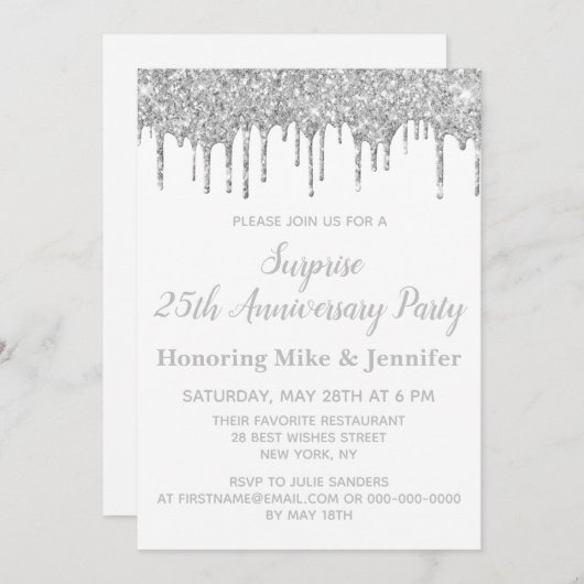 25e White and Silver Surprise Jubileum Party Kaart (Voorkant / Achterkant)