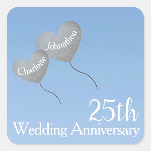 25e Wortende Jubileum zilveren hartballon Vierkante Sticker (Voorkant)