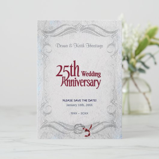 25e zilver en bourgogne Jubileum Save The Date (Staand voorkant)