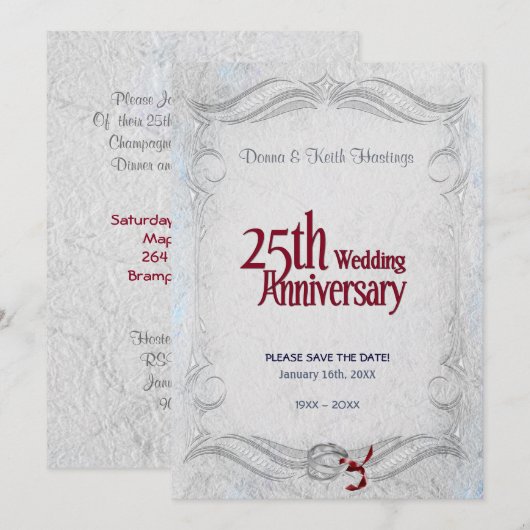 25e zilver en bourgogne Jubileum Save The Date (Voorkant / Achterkant)