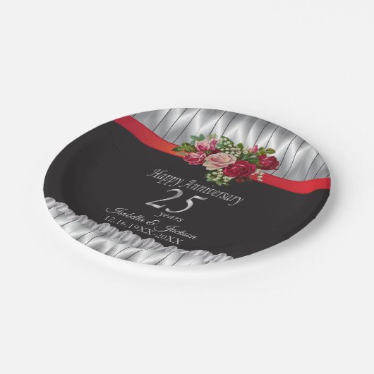 25e Zilver en Roos Wedding Jubileum Papieren Bordje (Gekanteld)