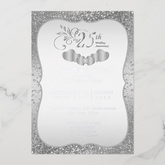 25e Zilver Glitter Jubileum Folie Uitnodiging (Voorkant)