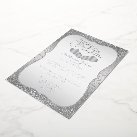 25e Zilver Glitter Jubileum Folie Uitnodiging (Gedraaid)
