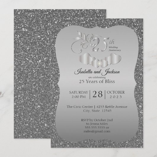 25e Zilver Glitter Jubileum Kaart (Voorkant / Achterkant)