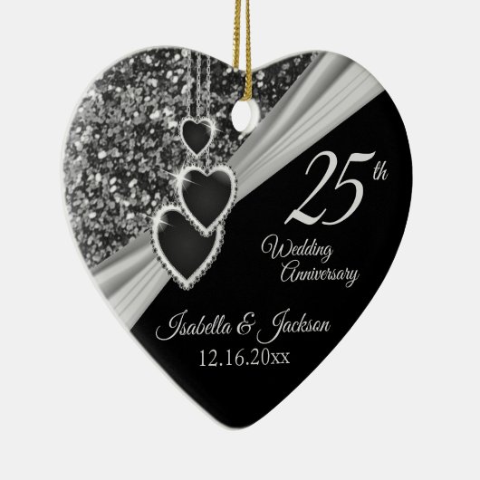 25e Zilver Glitter Jubileum Keramisch Ornament (Rechts)