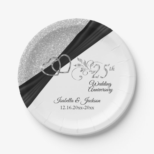 25e Zilver Glitter Jubileum Papieren Bordje (Voorkant)