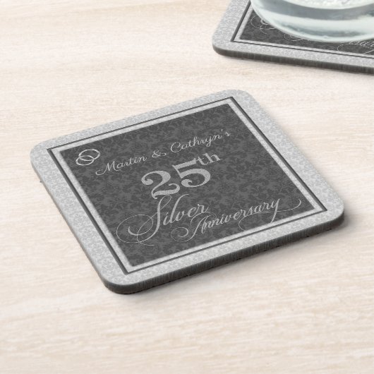 25e Zilver Jubileum met naam Damask Drankjes Onderzetter (Linkerzijde)