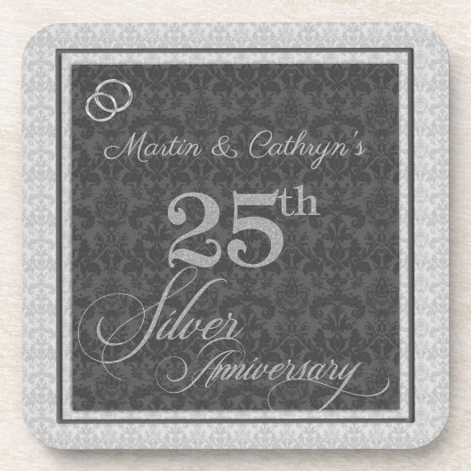 25e Zilver Jubileum met naam Damask Drankjes Onderzetter (Voorkant)