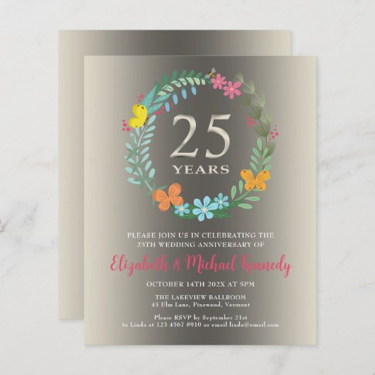 25e Zilveren Bruiloft Jubileum Bloemenuitnodiging (Voorkant / Achterkant)