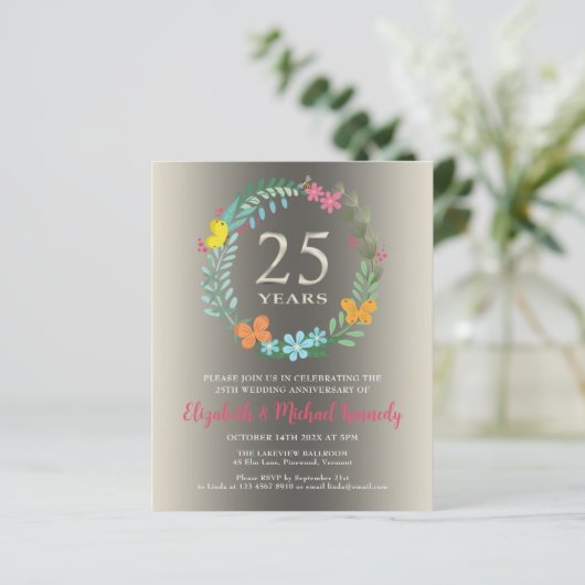 25e Zilveren Bruiloft Jubileum Bloemenuitnodiging (Staand voorkant)