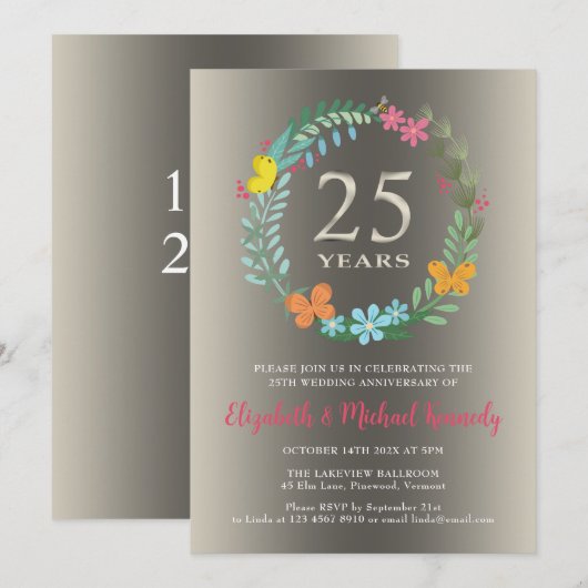 25e Zilveren Bruiloft Jubileum Bloemenuitnodiging Kaart (Voorkant / Achterkant)