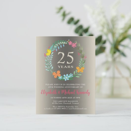25e Zilveren Bruiloft Jubileum Bloemenuitnodiging Uitnodiging Briefkaart (Staand voorkant)