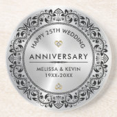 25e zilveren bruiloft Jubileum cadeau zwart swirls Zandsteen Onderzetter (Voorkant)