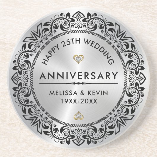 25e zilveren bruiloft Jubileum cadeau zwart swirls Zandsteen Onderzetter (Voorkant)