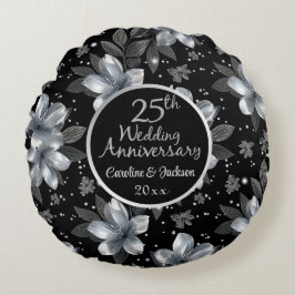 25e Zilveren Bruiloft met Glitter Bloemen  Rond Kussen