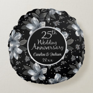 25e Zilveren Bruiloft met Glitter Bloemen  Rond Kussen