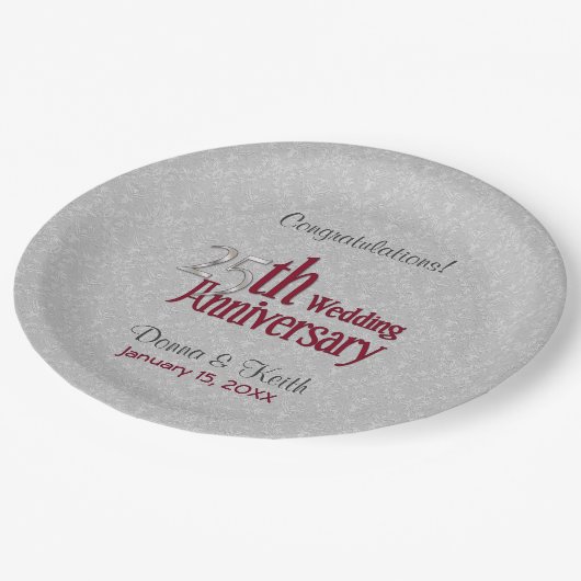 25e Zilveren en Bourgondische Jubileum Papieren Bo Papieren Bordje (Gekanteld)