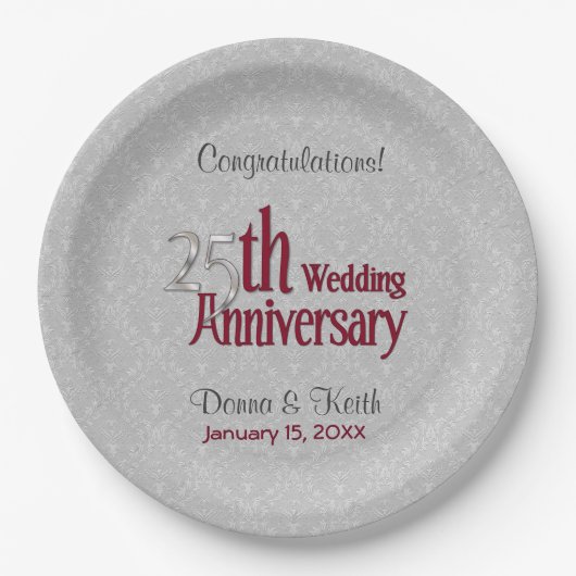 25e Zilveren en Bourgondische Jubileum Papieren Bo Papieren Bordje (Voorkant)