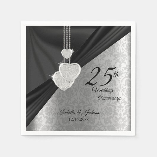 25e zilveren en zwarte bruiloft Jubileum ontwerp Servet (Voorkant)
