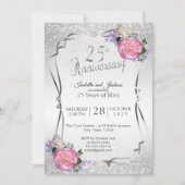 25e Zilveren Glitter & Bloemen Bruiloft Kaart (Voorkant)