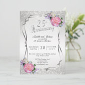 25e Zilveren Glitter & Bloemen Bruiloft Kaart (Staand voorkant)