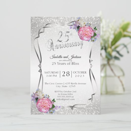 25e Zilveren Glitter & Bloemen Huwelijksjubileum Kaart (Staand voorkant)