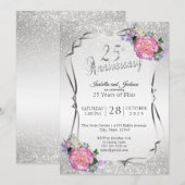 25e Zilveren Glitter & Bloemen Huwelijksjubileum Kaart (Voorkant / Achterkant)