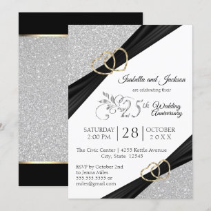 25e Zilveren Glitter en Gouden Hart Jubileum Kaart