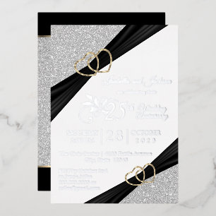 25e Zilveren Glitter & Gouden Hart Jubileum Folie Uitnodiging