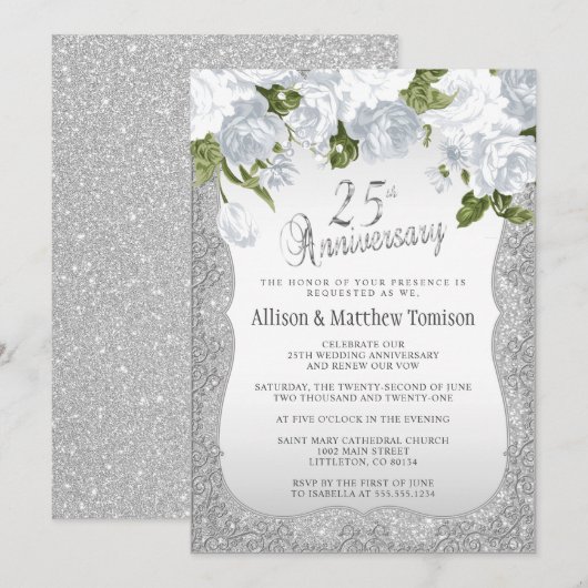 25e Zilveren Glitter Jubileum Kaart (Voorkant / Achterkant)